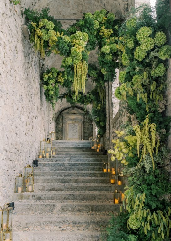 A lush green and textural corporate flower scheme at Villa Pliniana, Lake Como | Weddings in New York | Larry Walshe Studios